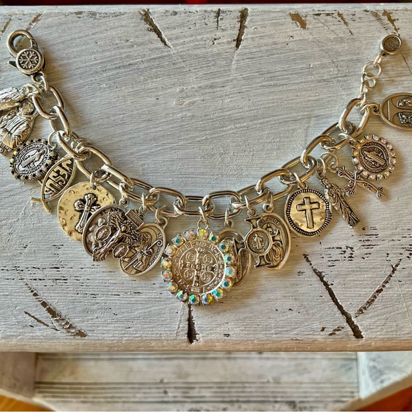 Charm Bracelet St Benedict, Saints & Crosses Silver Tone Catholic Charm Bracelet - Picture 5 of 12